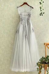 Gray Round Neck Tulle Lace Long Prom Dress, Gray Evening Dress