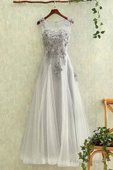 Gray Round Neck Tulle Lace Long Prom Dress, Gray Evening Dress