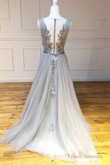 Gray Round Neck Tulle Lace Long Prom Dress Gray Lace Evening Dress