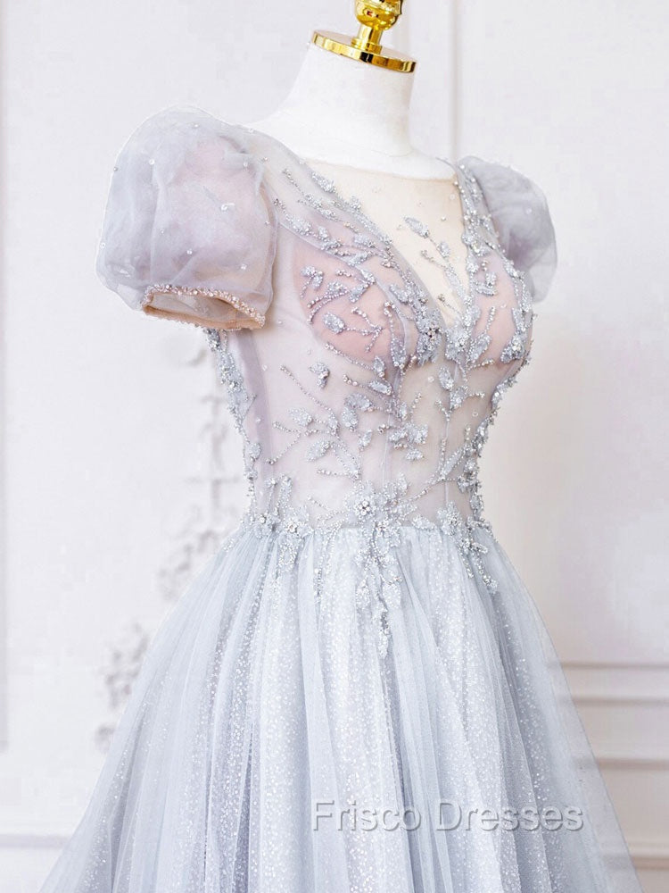 Gray Round Neck Tulle Lace Long Formal Prom Dress, Gray Tulle Evening Dress Secondary image