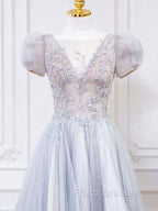 Gray Round Neck Tulle Lace Long Formal Prom Dress, Gray Tulle Evening Dress