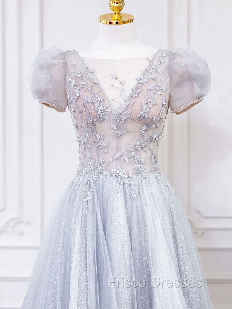 Gray Round Neck Tulle Lace Long Formal Prom Dress, Gray Tulle Evening Dress
