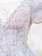 Gray Round Neck Tulle Lace Long Formal Prom Dress, Gray Tulle Evening Dress
