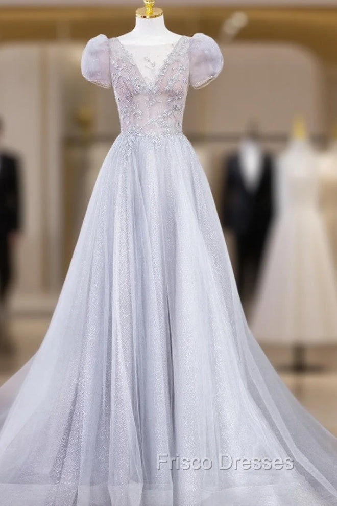 Gray Round Neck Tulle Lace Long Formal Prom Dress, Gray Tulle Evening Dress Main image