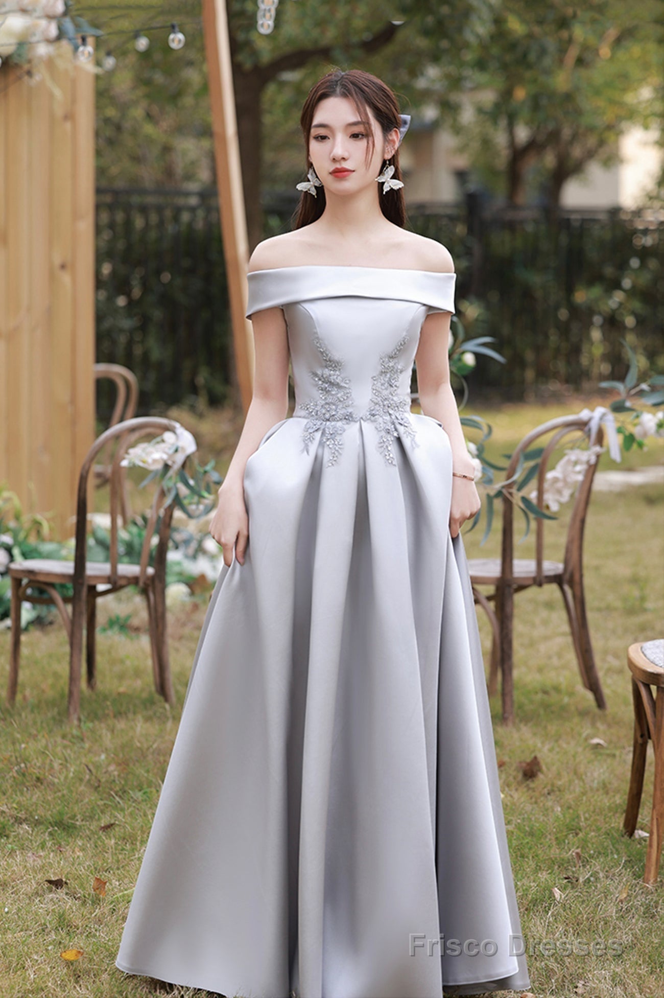 Gray Saitn Lace Long Prom Dress, A-Line Evening Dress Secondary image
