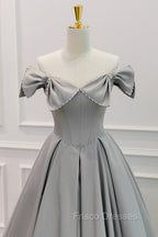 Gray Satin Floor Length Formal Dress with Pearls, Cute A-Line Formal Prom Dress