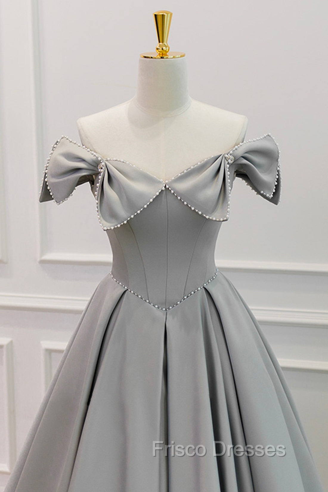 Gray Satin Floor Length Formal Dress with Pearls, Cute A-Line Formal Prom Dress