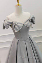 Gray Satin Floor Length Formal Dress with Pearls, Cute A-Line Formal Prom Dress