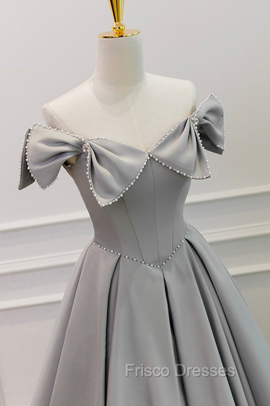 Gray Satin Floor Length Formal Dress with Pearls, Cute A-Line Formal Prom Dress
