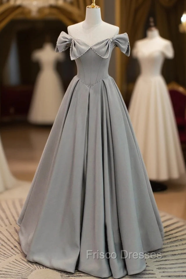 Gray Satin Floor Length Formal Dress with Pearls, Cute A-Line Formal Prom Dress Main image