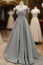 Gray Satin Floor Length Formal Dress with Pearls, Cute A-Line Formal Prom Dress