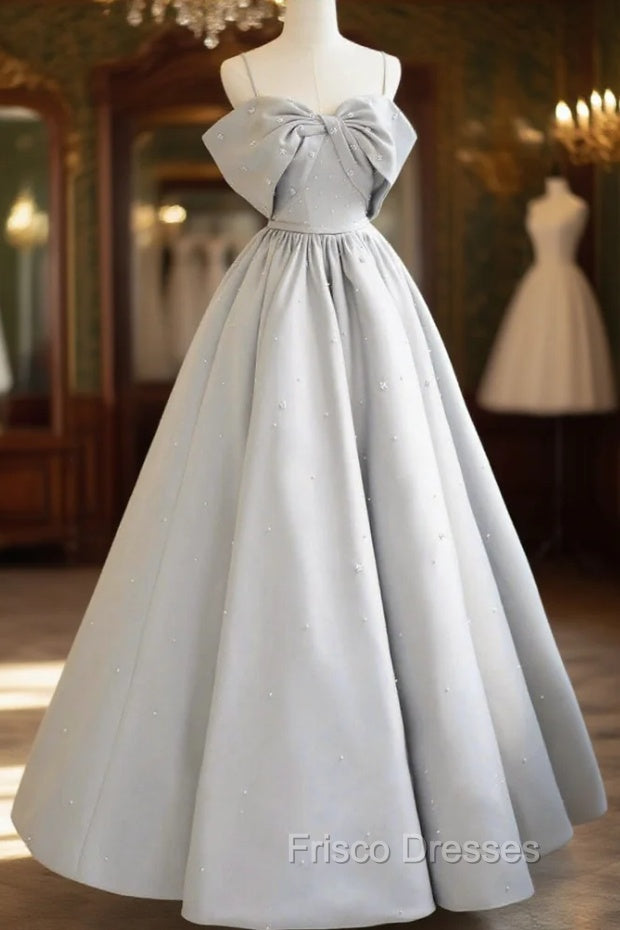 Gray Satin Long Formal Prom Dress, A-Line Spaghetti Straps Evening Graduation Dress Main image
