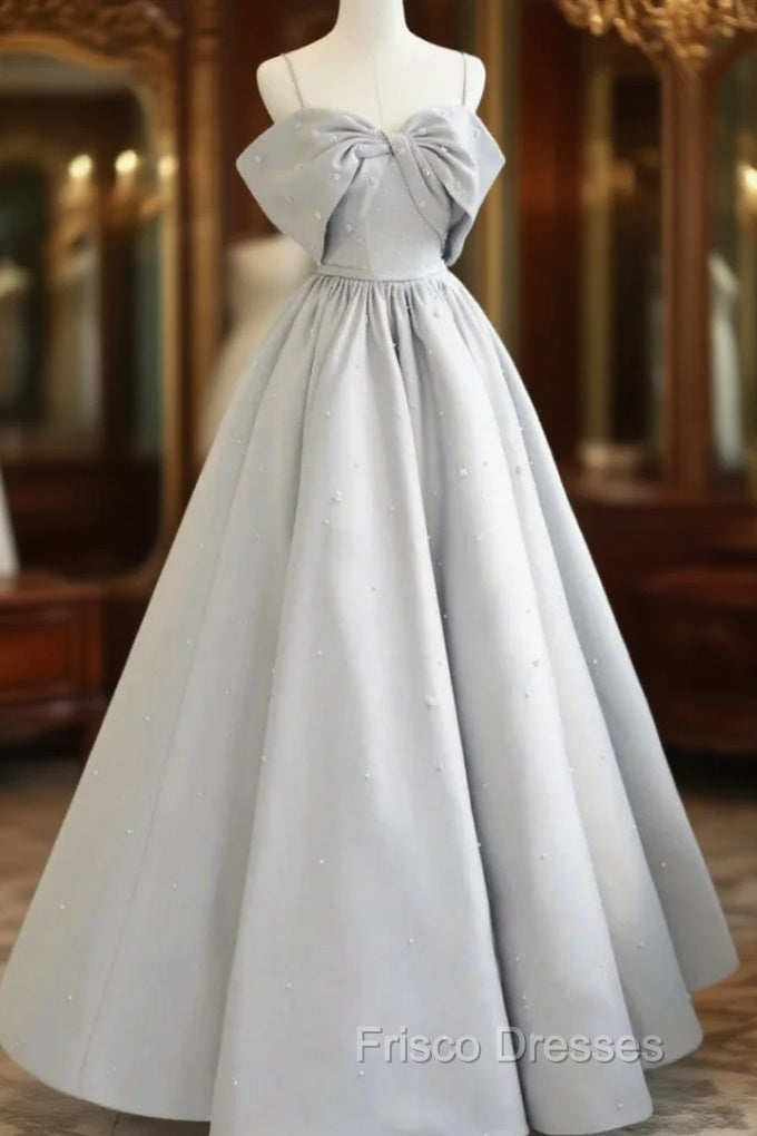 Gray Satin Spaghetti Straps Pearls Formal Prom Dress