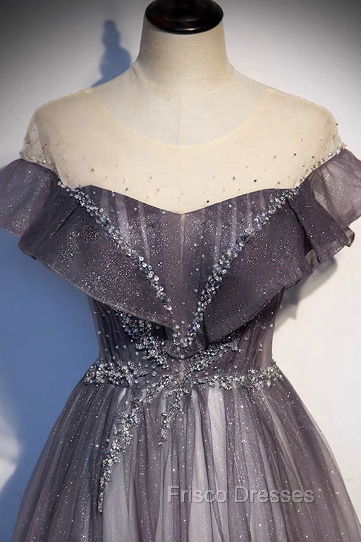 Gray Scoop Neckline Tulle Long Formal Dress, A-Line Evening Graduation Dress Secondary image