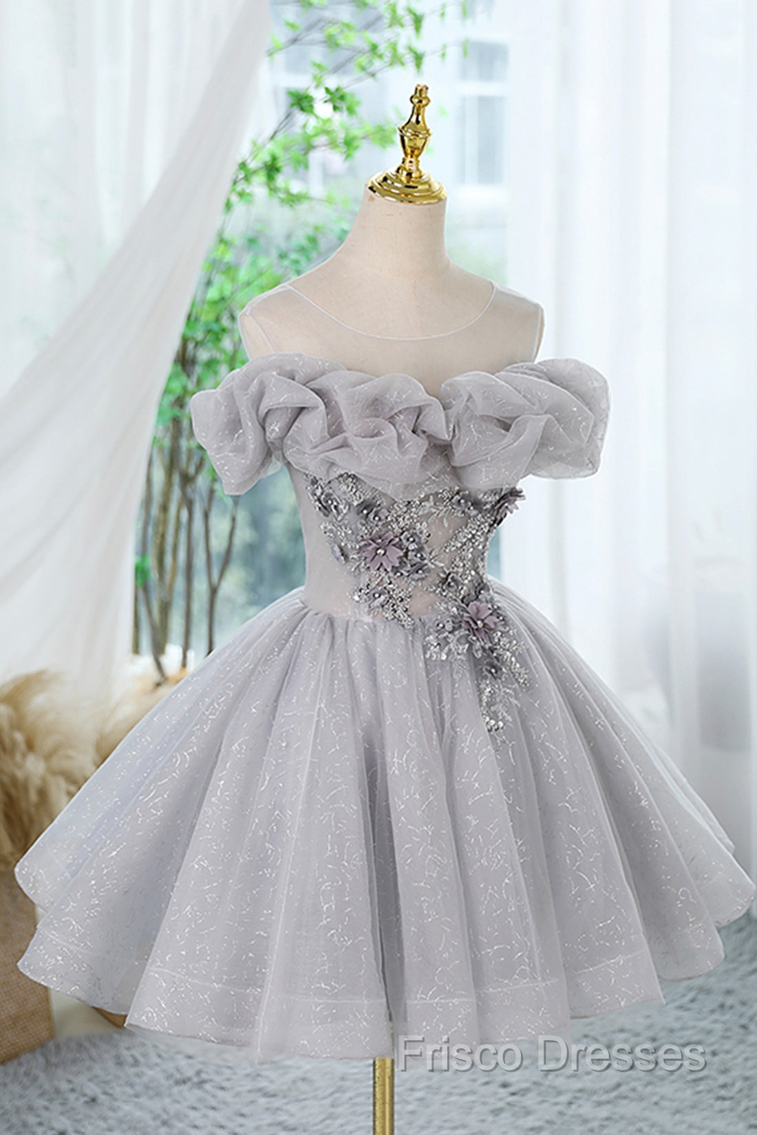 Gray Scoop Neckline Tulle Sequins Short Formal Prom Dress, A-Line Off The Shoulder Formal Party Dress Secondary image