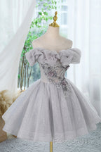 Gray Scoop Neckline Tulle Sequins Short Formal Prom Dress, A-Line Off The Shoulder Formal Party Dress