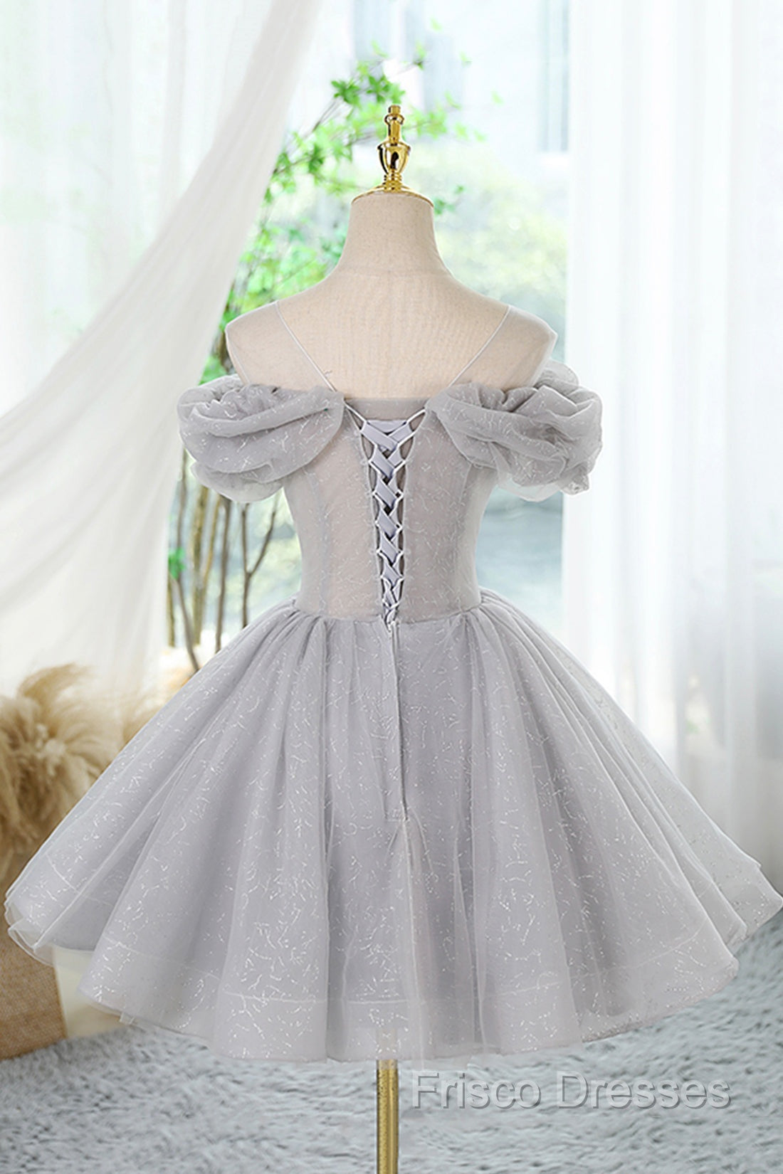 Gray Scoop Neckline Tulle Sequins Short Formal Prom Dress, A-Line Off The Shoulder Formal Party Dress