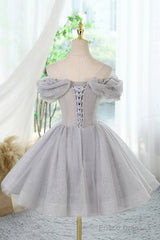 Gray Scoop Neckline Tulle Sequins Short Prom Dress, A-Line Off The Shoulder Evening Party Dress
