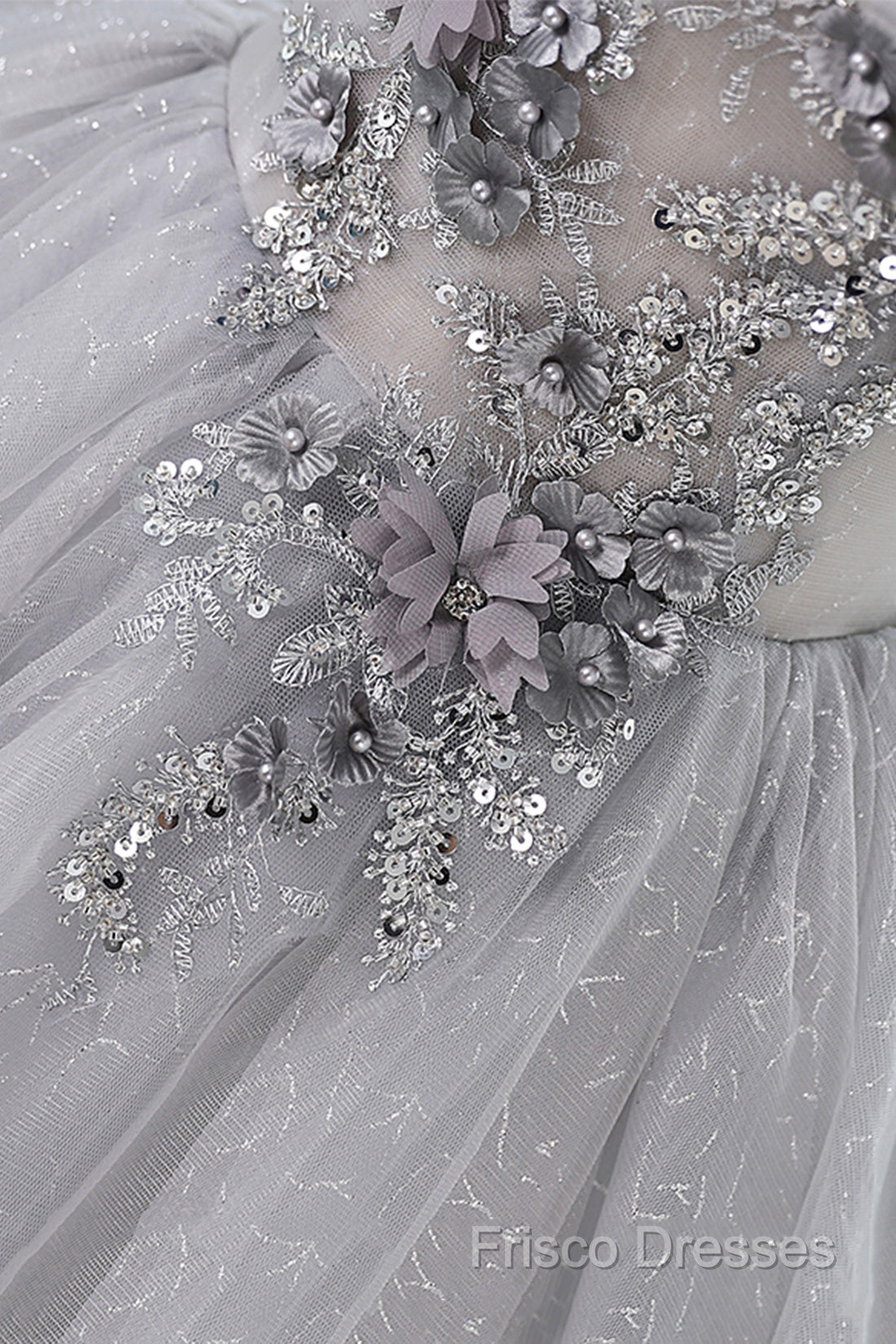 Gray Scoop Neckline Tulle Sequins Short Formal Prom Dress, A-Line Off The Shoulder Formal Party Dress
