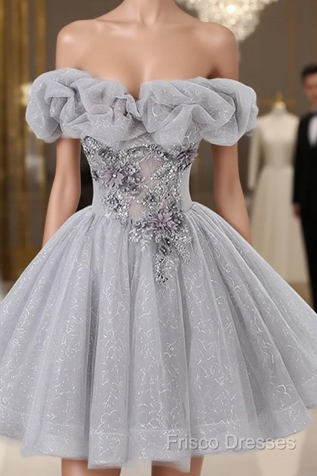 Gray Scoop Neckline Tulle Sequins Short Formal Prom Dress, A-Line Off The Shoulder Formal Party Dress Main image