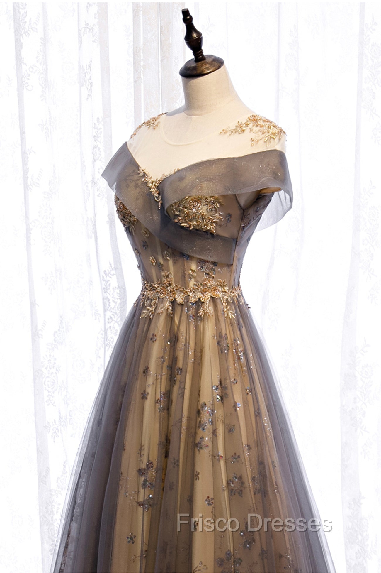Gray Scoop Tulle Sequins Long Formal Prom Dress, A-Line Evening Party Dress Secondary image