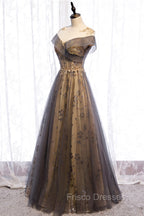 Gray Scoop Tulle Sequins Long Formal Prom Dress, A-Line Evening Party Dress