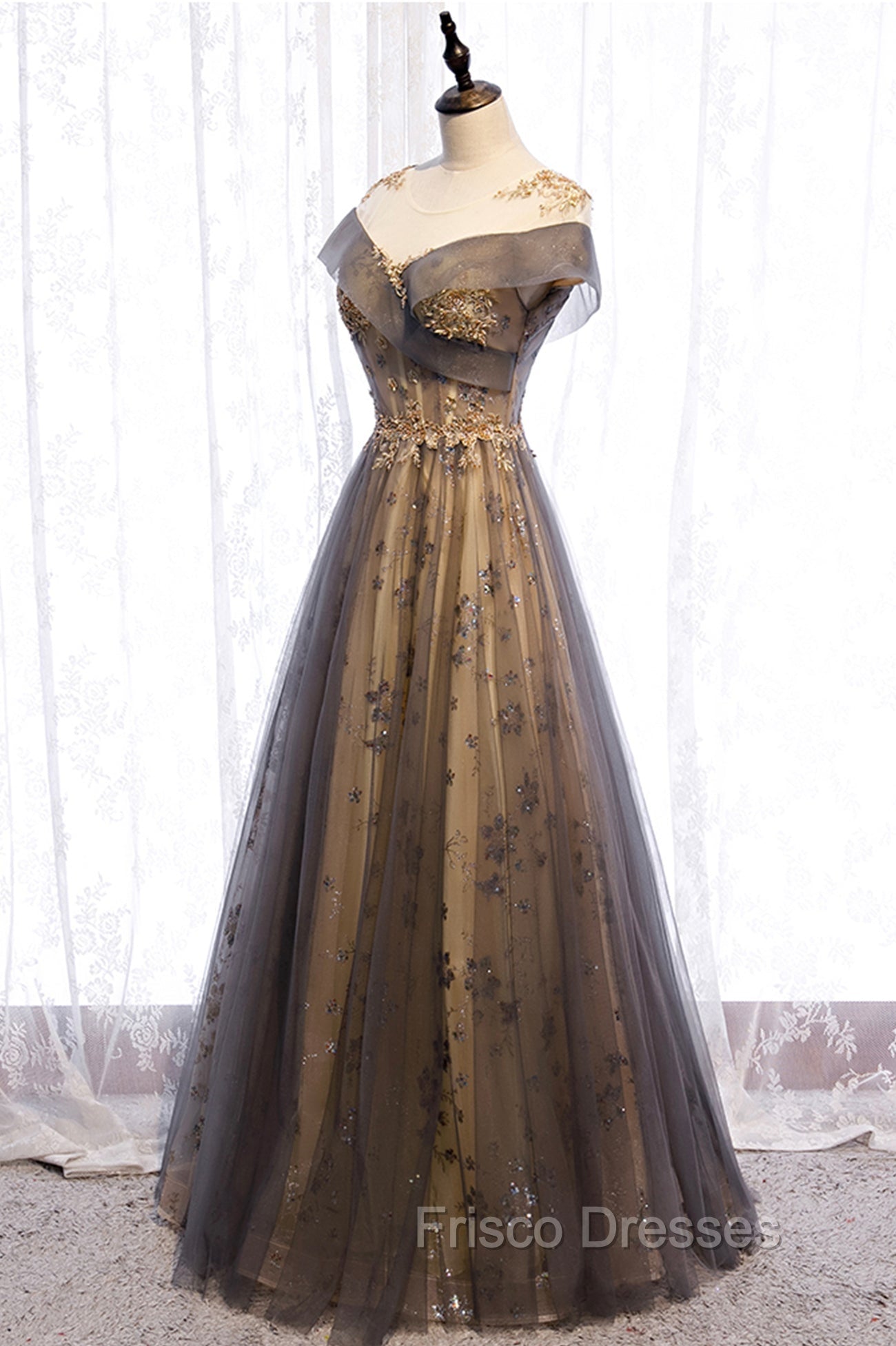 Gray Scoop Tulle Sequins Long Formal Prom Dress, A-Line Evening Party Dress