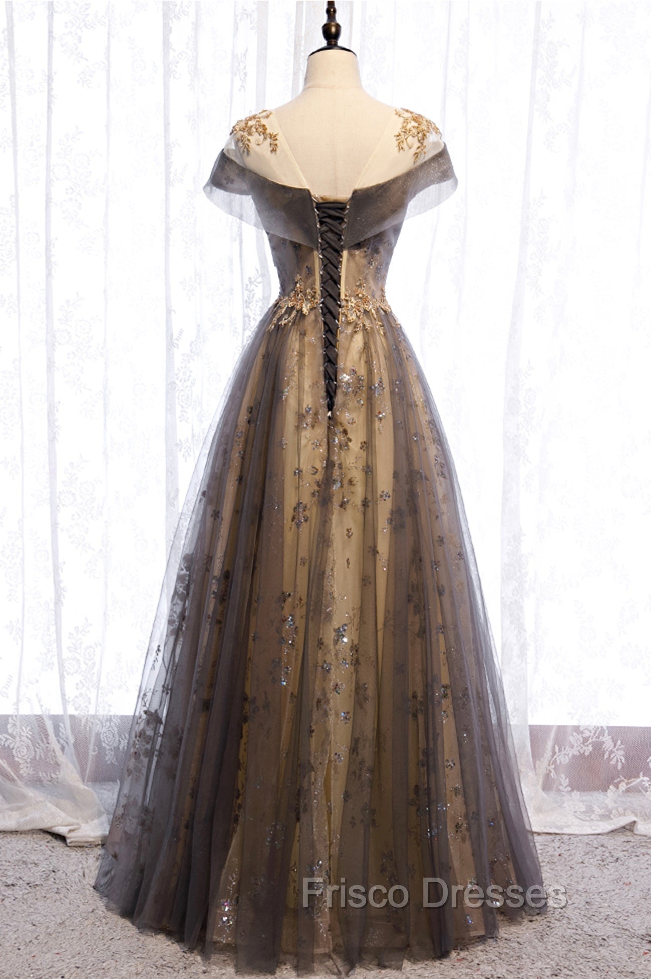 Gray Scoop Tulle Sequins Long Formal Prom Dress, A-Line Evening Party Dress
