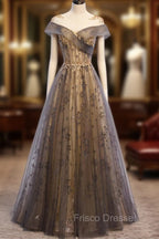 Gray Scoop Tulle Sequins Long Formal Prom Dress, A-Line Evening Party Dress