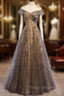 Gray Scoop Tulle Sequins Long Formal Prom Dress, A-Line Evening Party Dress