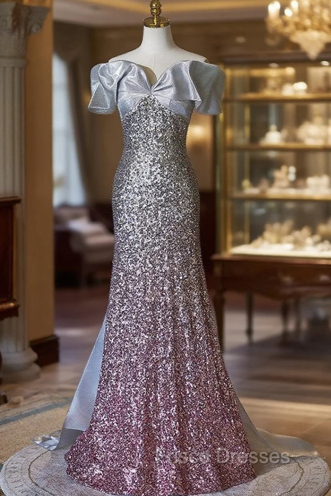 Gray Sequins Off the Shoulder Bow Formal Prom Dress
