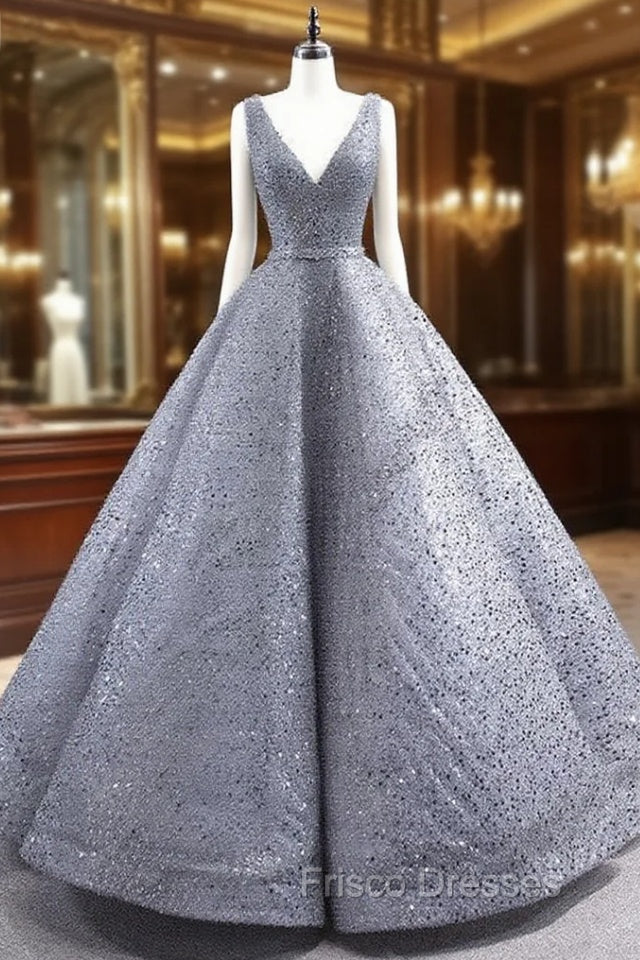 Gray Sequins Pearls V-neck Sleeveless Formal Prom Dress Main image