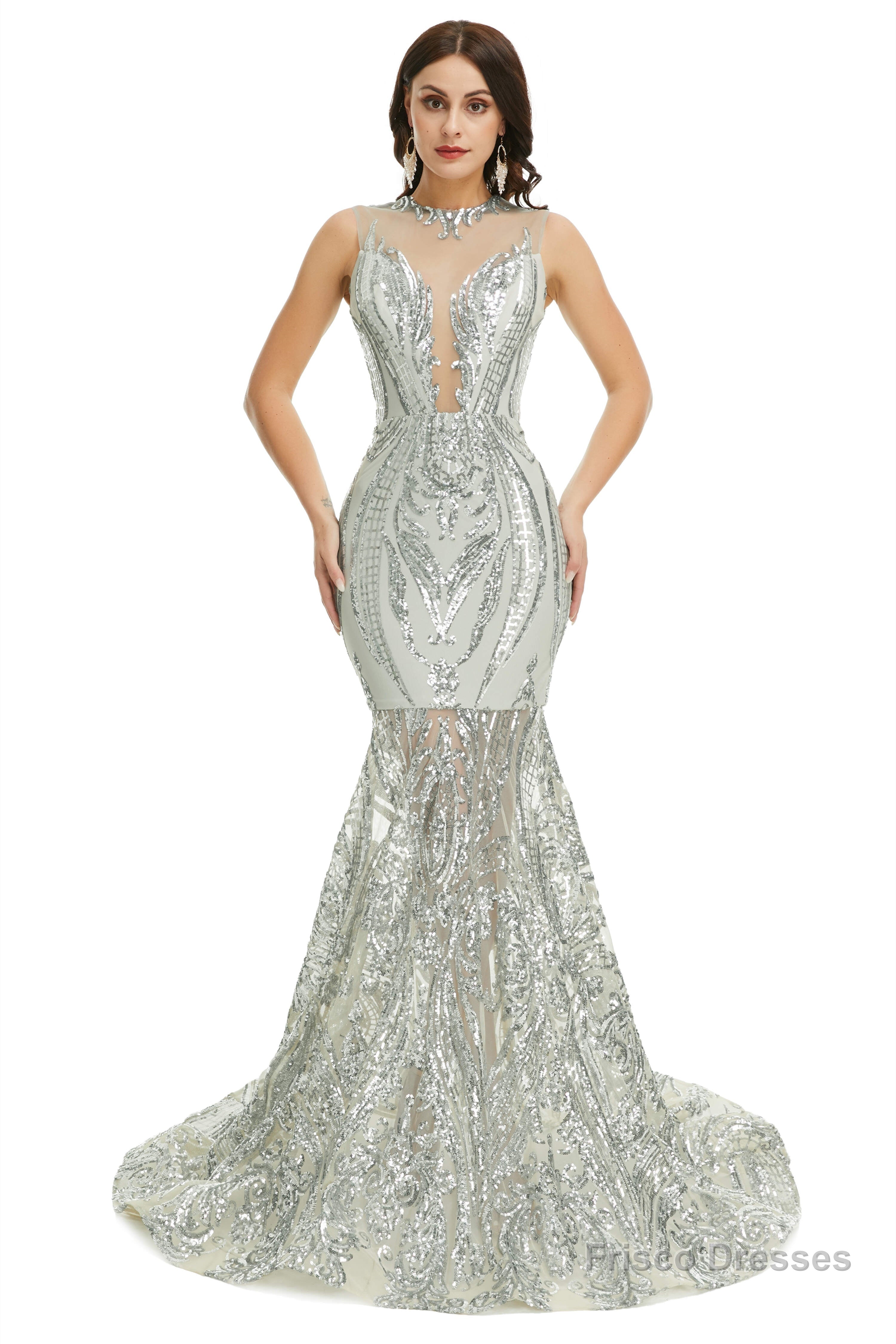 Sequins Sleeveless Floor Length Crew Neck Prom Dresses