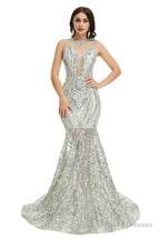 Sequins Sleeveless Floor Length Crew Neck Prom Dresses
