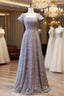 Gray Sequins Square Short Sleeve Formal Prom Dress