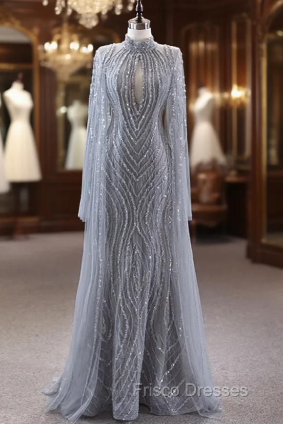 Gray Sheath Sequins Beading Formal Prom Dress