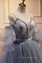Gray Spaghetti Strap Lace Long Formal Prom Dress, Off the Shoulder Evening Party Dress