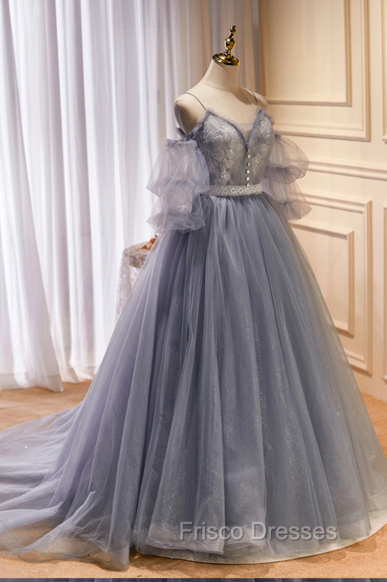 Gray Spaghetti Strap Lace Long Formal Prom Dress, Off the Shoulder Evening Party Dress