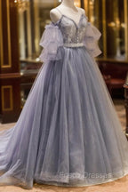Gray Spaghetti Strap Lace Long Formal Prom Dress, Off the Shoulder Evening Party Dress