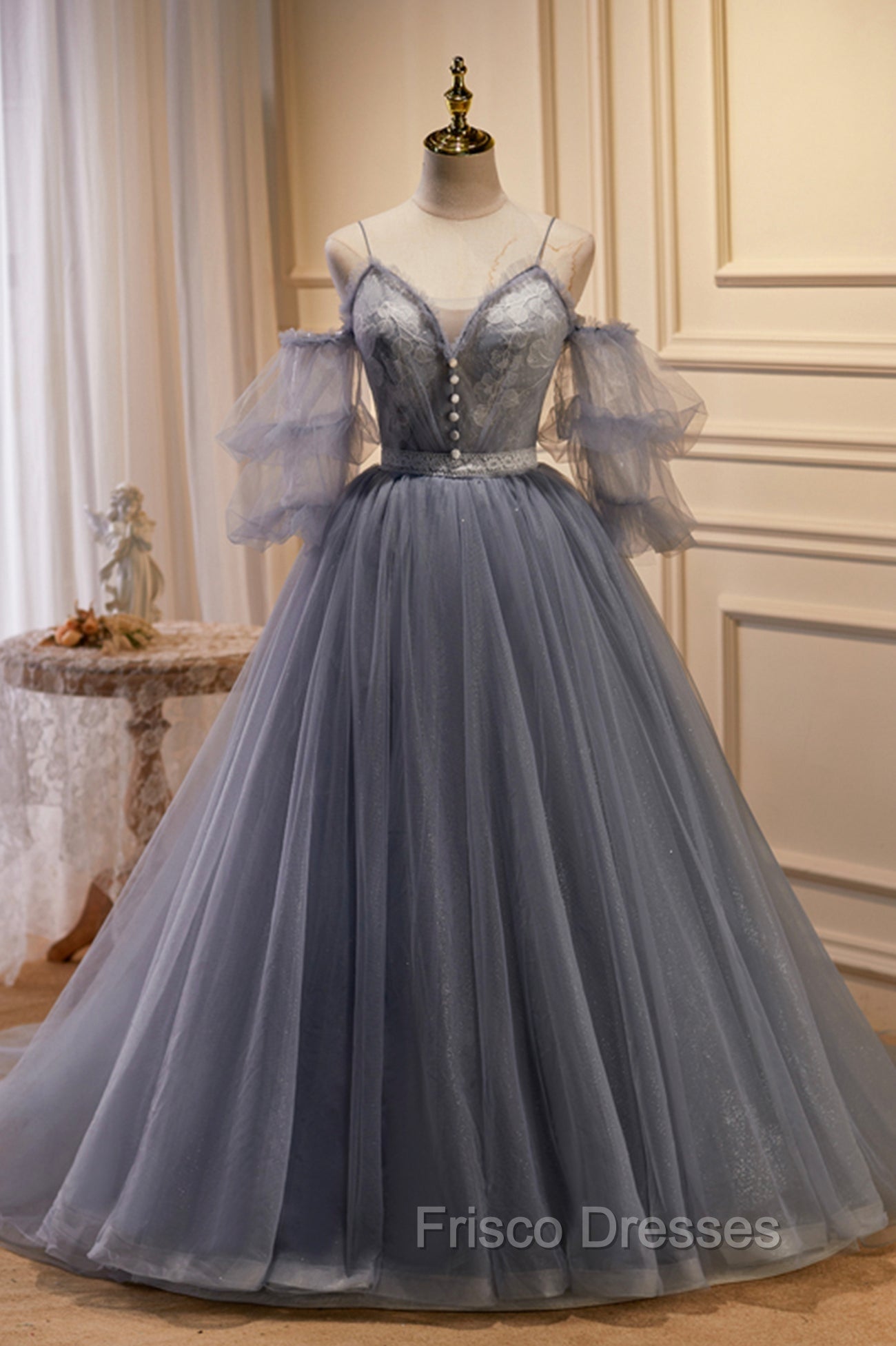 Gray Spaghetti Strap Lace Long Formal Prom Dress, Off the Shoulder Evening Party Dress Main image