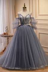 Gray Spaghetti Strap Lace Long Prom Dress, Off the Shoulder Evening Party Dress