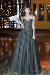 Gray Spaghetti Straps Tulle Long Prom Dress, A-Line Evening Party Dress