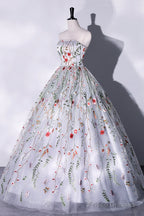 Gray Strapless Floral Tulle Long Prom Dress, Cute A-Line Evening Party Dress