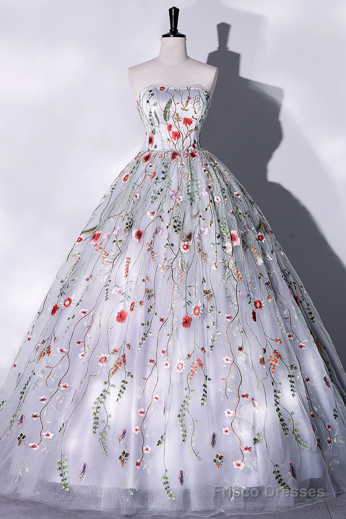 Gray Strapless Floral Tulle Long Prom Dress, Cute A-Line Evening Party Dress Main image
