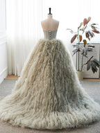 Gray Strapless Tulle Long Prom Dress, Beautiful A-Line Sweetheart Neck Formal Evening Dress