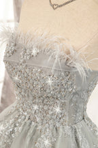 Gray Strapless Tulle Short Formal Prom Dress with Sequins, Cute A-Line Party Dress