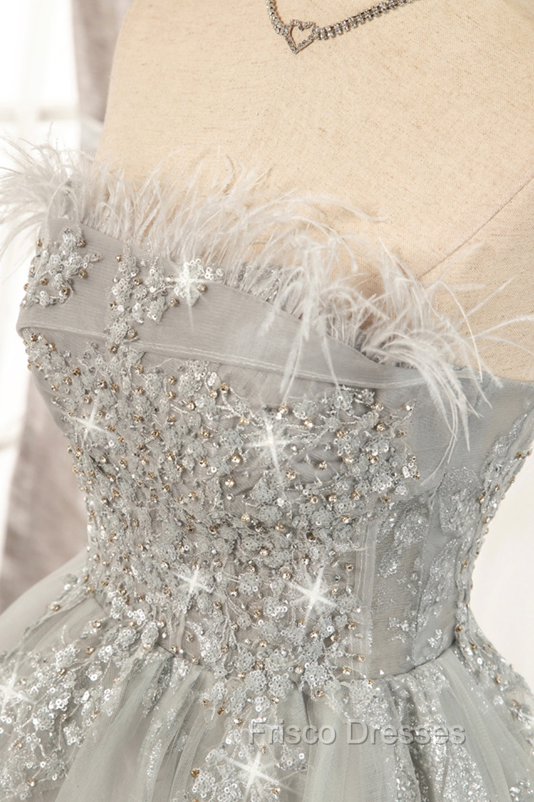 Gray Strapless Tulle Short Formal Prom Dress with Sequins, Cute A-Line Party Dress