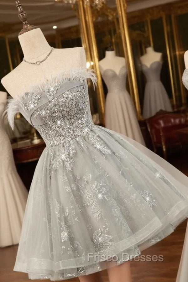 Gray Strapless Tulle Short Formal Prom Dress with Sequins, Cute A-Line Party Dress