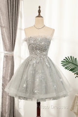 Gray Strapless Tulle Short Formal Prom Dress with Sequins, Cute A-Line Party Dress