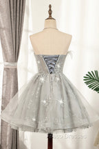 Gray Strapless Tulle Short Formal Prom Dress with Sequins, Cute A-Line Party Dress